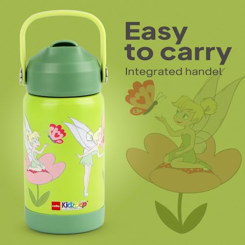 Image of CELLO Kidzbee Gen Alpha Stainless Steel Kids Flask Water Bottle 370ml | 3D Tinker Bell Touch & Feel Design, Leakproof Lightweight Easy to Carry Hot and Cold Kids Flask Water Bottle For School & Travel