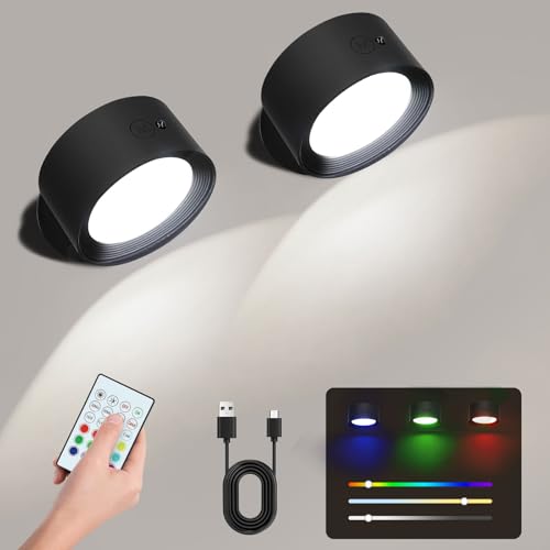 LIFEJXWEN Lámpara de pared con batería, 2 unidades RGB, lámpara de pared magnética, giratoria 360°, con mando a distancia, lámpara de pared LED inalámbrica para dormitorio, salón, pared, fiesta