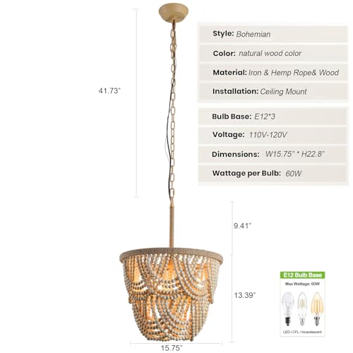 Topaluce Wood Beaded Chandelier 3-Lights Rustic Antique Coastal Boho Pendant Light Fixtures for Nursery Baby's Bedroom Dining Room Living Room Kicthen Entryway - Image 5