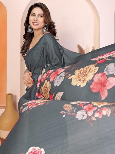 Image of Satrani Women's Tussar Silk Floral Printed Saree with Unstitched Blouse Piece