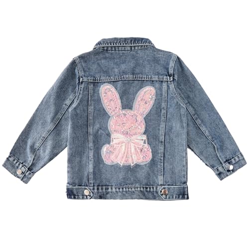 Girls Denim Jacket - Bunny Embroidered Stretch Washed Jean Coat, Cute Long Sleeve Toddler Jacket
