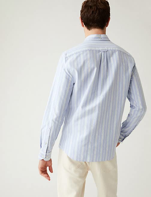 Image of Marks & Spencer Mens Striped Cotton Collared Neck Regular Fit Oxford Shirt