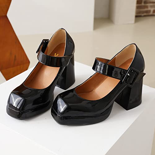 MOOMMO Women Classic Platform Mary Jane Heels Square Toe Chunky High Heel Mary Jane Shoes Ankle Strap Dress Lolita Pumps 4 Inch Block Heel Buckle Strap Sandals Party Casual Wedding Shoes 4-15 M US3