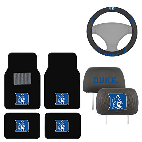 AAC FANMATS NCAA Carpet Floor Mats Bundle with Head Rests and Steering Wheel Cover for Duke Blue Devils Fans Officially Licensed(7 Items)