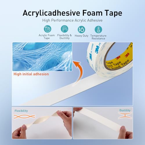 Image of Double Sided Tape Strong White Foam Tape 1 /2 inch x 18Ft Made of 3M Heavy Duty Mounting Tape Waterproof PE Foam Adhesive Strips for Posters Alarm Sensors Window Shades and Other Home Office Deco