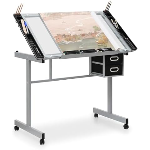 Athena Collection 41" Drafting Table Adjustable Angle Drawing Table Tempered Glass Art Desk Metal Frame Craft Desk for Artist with Fabric Drawers, Rolling Casters and Trays, Light Grey Cover