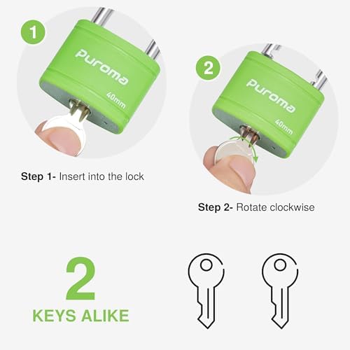 Puroma 1 Keyed Padlock with 2 Keys 7/8" School Locker Lock Gate 40mm Green - 2