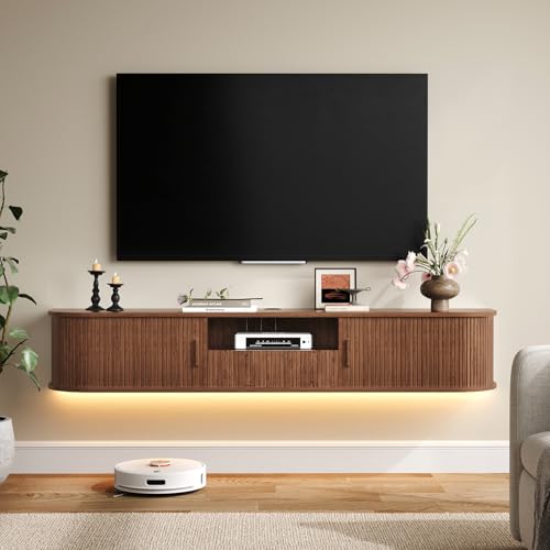 ONBRILL 70 Floating TV Stand with Drawer for TVs up to 80 Entertainment Center with LED Lights Mid-Century Modern TV Console w/Power Outlet&App Control Fluted TV Stands for Living Room Walnut