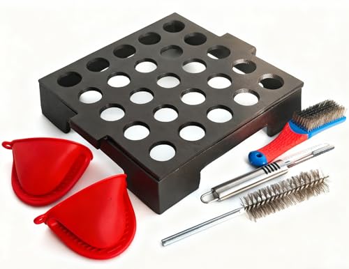 Cast Iron Pepper Grill Rack - Large 25 Holes Capacity with Chili Pepper Corer Tool and Silicone Mitts Cleaning brush 2-In-1 Rack and Tray with Handle Design for BBQ home and Outdoor Camping