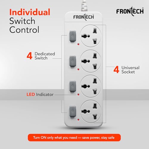 Image of Frontech 4-Way Power Extension Socket | 2000W Heavy-Duty Power Strip | Individual Switches with LED Indicators | Universal Sockets | 3M Copper Cable | Fire-Resistant Body | 1 Year Warranty (FT-3565)