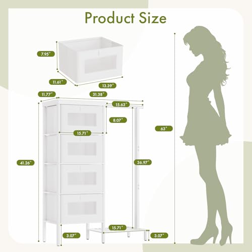 Image of Bamboo Dresser with Hanging Rack, 4-Drawer Small Closet Organizer for Bedroom, Tall Storage Tower with Clothes Rack, Natural Wood 41.4 inchH x 31.3 inchW-Space-Saving Design, Easy Assembly (white)