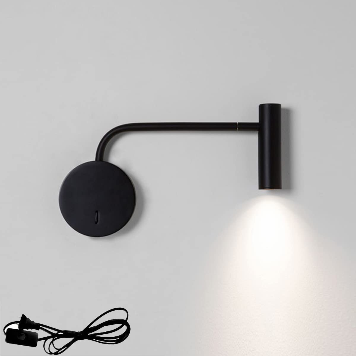 Wandlampe Innen Mit Schalter Und Stecker 3W LED Wandleuchte Mit 1.5M Kabel Verstellbar Wand Leselampe Nachttischlampe Warmweiß 3000K Wandspot Flurlampe Für Wohnzimmer Schlafzimmer Hotel Lernen,Schwarz