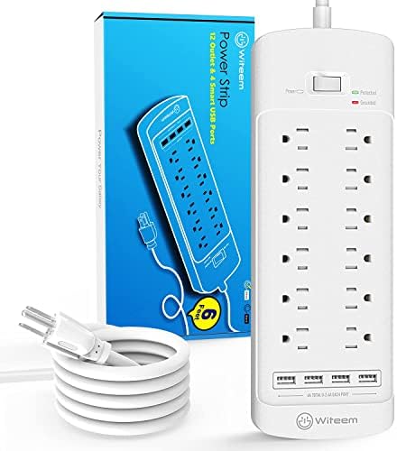 Witeem Surge Protector Power Strip with 12-Outlet (1875W/15A, 4360Joules) and 4 USB Charging Ports (5V/6A, 30W), 6Ft Extension Cord, Wall Mountable Overload Protection Outlet for Home & Office, White