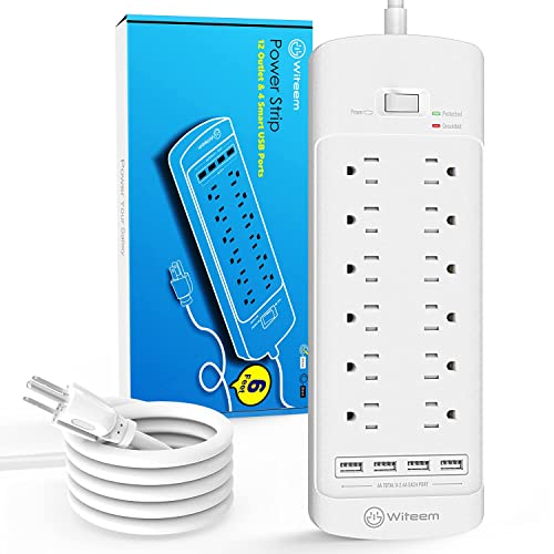 Witeem Surge Protector Power Strip With 12-Outlet (1875W/15A, 4360Joules) And 4 Usb Charging Ports (5V/6A, 30W), 6Ft Extension Cord, Wall Mountable Overload Protection Outlet For Home & Office, White #TOP25