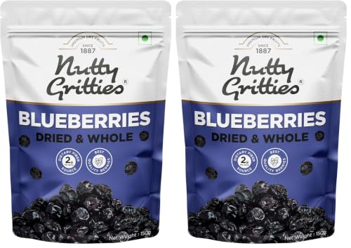 Image of Nutty Gritties Dried Blueberries 150g | Naturally Sweet & Tangy | Antioxidant-Rich Blueberry Snack | Healthy Snack for Kids & Adults | Resealable Pouch (Pack of 2)