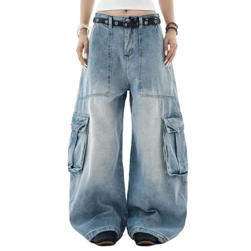 High Waisted Baggy Flare Wide Leg Oversized Cargo Jeans for Women Men Trendy Retro Washed Multi-Pocket Trousers