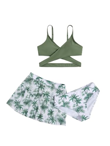 Milumia Girl's 3 Pieces Bikini Set Tropical Print Criss Cross Wrap Bathing Suit with Beach Skirt