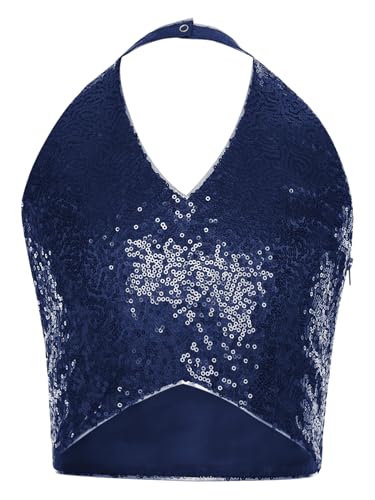 JEYPINMI Kids Girls Hip Hop Dance Crop Top Sparkly Sequin Sleeveless Halter Tank Top Vest Performance Dancewear3