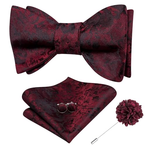 Dubulle Burgundy Floral Self Tie Bowtie and Lapel Set for Men Dark Red Bow Ties and Handkerchief Cufflinks