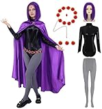 Women Raven Costume Adult Halloween Cosplay Costume with Purple Hooded Cape Wig Belt Jumpsuit Gemstone Anime Role Play Outfit DY032S