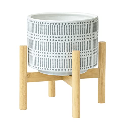 Image of LA JOLIE MUSE Ceramic Plant Pot with Wood Stand - 7.3 Inch Modern Round Decorative Flower Pot Indoor with Wood Planter Holder, Slate Blue and White