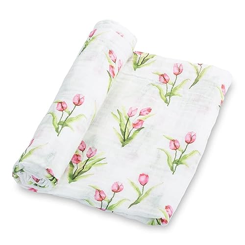 Image of LollyBanks Baby Swaddle Blanket, 100% Muslin Cotton Muslin Blankets for Girls, Large 47 x 47 Inches Soft and Breathable Swaddles for Newborns, Gentle Baby Wrap Swaddle, Registry (Tulip Print)