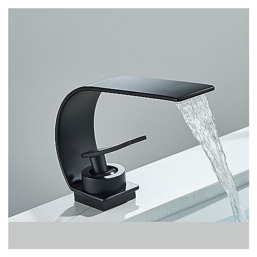 Grifo de lavabo monomando negro mate con diseño curvo de cascada para baño moderno 2