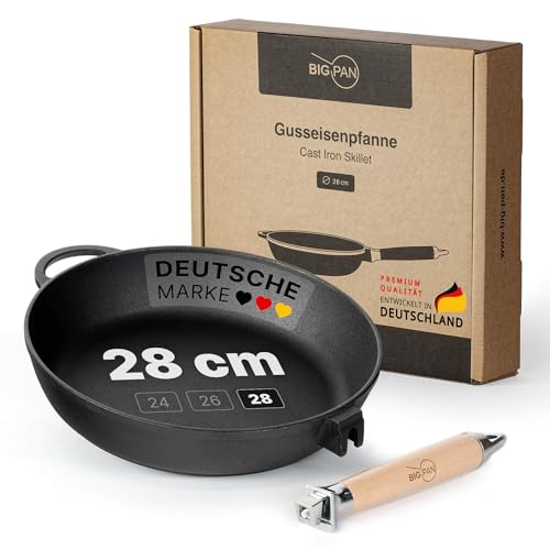 Premium Gusseisenpfanne Induktion 28 cm Pfanne Gusseisen UNBESCHICHTET sandgestrahlt universell Cast Iron Pan für alle Herdarten kratzfest Bratpfanne backofenfest Gusspfanne Eisenpfanne
