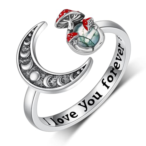 SVODEA Anillo de hongo lunar para mujer, plata de ley 925, anillos de hongo rojo mágico, anillos abiertos de fase lunar, regalos de cumpleaños de aniversario para mujeres, adolescentes y madres, 7