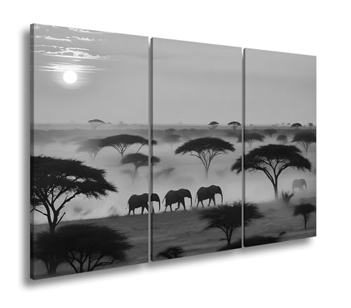 Toile éléphants savane pour habiller un grand mur vide effet noir et blanc XXL