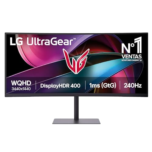 LG UltraGear 34G630A Monitor Gaming 34" 21:9 Curvo WQHD (3440x1440), 240Hz, 1ms (GtG), AMD FreeSync Premium, VRR, HDR 400, Speaker Stereo 10W, USB-C (15W), HDMI, DP, Hub USB, AUX, 2PBP, PIP, Nero
