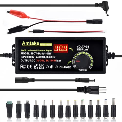 Adjustable Universal Power Supply Adapter 4A 144W Adjustable Variable Switching 3V~36V 3V 5V 12V 24V 30V 36V AC/DC Adapter, AC to DC Converter with 14 Tips, Polarity Converter and Test Lead