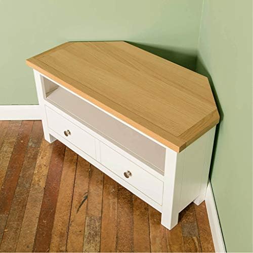 RoselandFurniture Farrow White Corner TV Unit | 90 cm Painted Solid Wood Light Oak Top Television Cabinet Stand Suitable for TVs up to 40 inches for Living Room or Bedroom, Fully Assembled