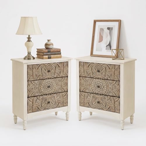 Image of SUNBURY Vintage Wooden Nightstand Set 2, Wood Accent Table with 3 Drawers, Elegant Bedside Table Dresser for Bedroom, Living Room (Lotus)