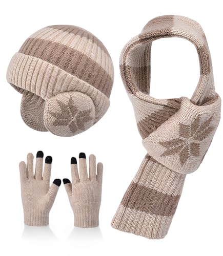 Kids Winter Hat Scarf Gloves Set 3Pcs, 3-12Y Fleece Lined Beanie With Earmuffs Double Layer Scarf Touchscreen Gloves Toddlers