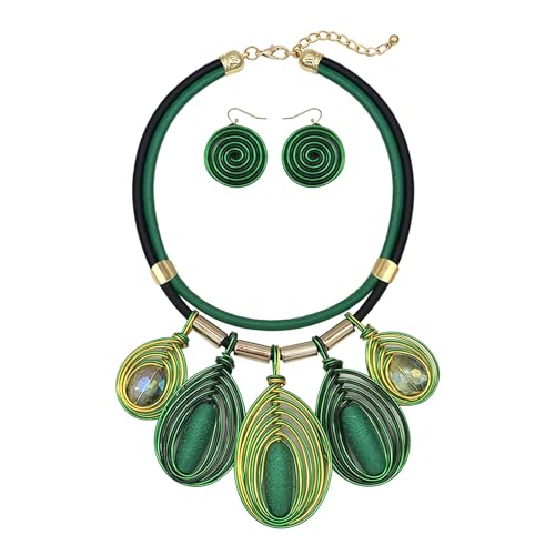 JHWZAIY Chunky African Jewelry Statement Necklace For Women Tribal Fashion Costume Earring Set Unique Rhinestone Crystal Gold Wire Wrapped Big Wood Pendent Collar Choker Bib Handmade (green)