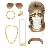 7PCS Juego de Peluca Mullet Hombre,Peluca Hombre,Pelucas Disfraz Años 80 HombreAccesorio para Fiesta Temática o Carnaval, Pelo Artificial con Gafas de Sol Collares pulsera y Bigote Postizo (marrón)