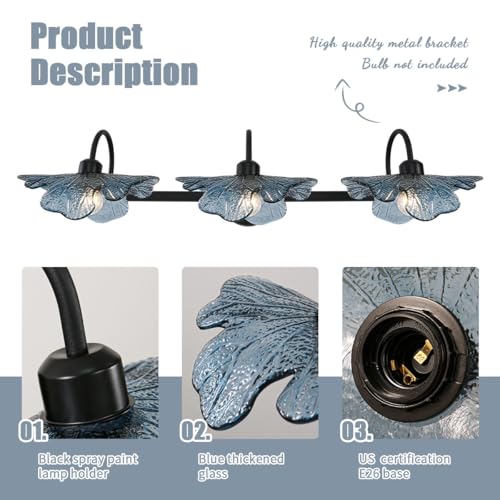 Auwieou 3 Light Bathroom Vanity Light Black wall Sconce with Blue Flower Glass Shade Bathroom wall Light Vintage wall Sconce Art Deco Vanity Lights Over Mirror for Bedroom Hallway Living Room by Auwieou - Used condition - Image 5