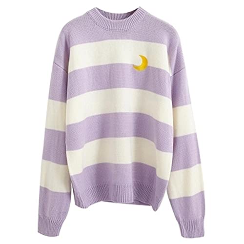 Free Valley Women Striped Chic Moon Embroidery Knitting Pullover Female Harajuku Kawaii Ulzzang Lazy Style Casual Sweater Purple #TOP11