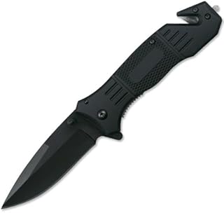 Tac-Force- Spring Assisted Folding Pocket Knife – Black Stainless Steel Drop Point Blade, Black Aluminum Handle with Rope Cutter, Glass Punch, Pocket Clip, Tactical, EDC, Rescue - TF-434