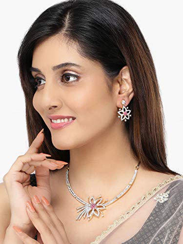 Image of Yellow Chimes Jewellery Set for Women and Girls American Diamond Jewellery Set | Rosegold Rhodium Plated AD Necklace Set for Women | Birthday Gift for Girls & Women