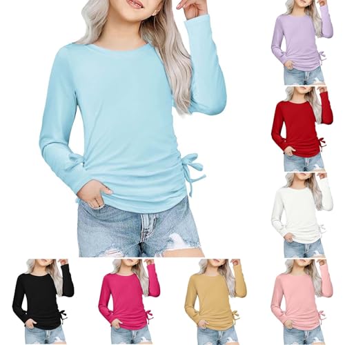 Kids Girls Preppy Shirts Long Sleeve Bow Ruched Solid Blouse Tees Tops Teen Girls Summer Casual Shirts Comfy Clothes