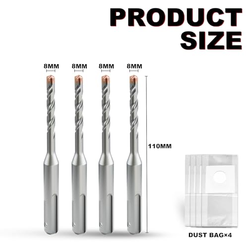 METOTY SDS Plus Hammer Drill Bit 4PC 8mm×110mm, with 4 Carbide Cutting Edges, Head with Coating, Masonry Drill, Hammer Drill - Image 2