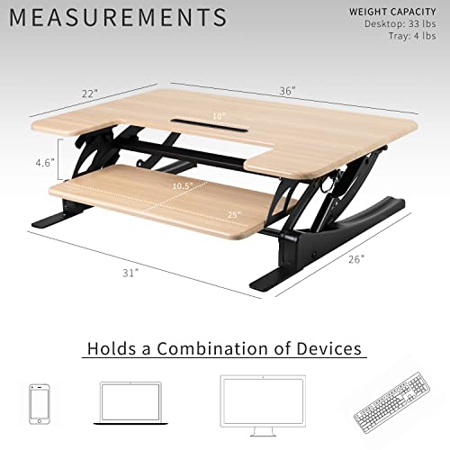 Image of VIVO 36 inch Height Adjustable Stand Up Desk Converter, V Series, Quick Sit to Stand Tabletop Dual Monitor Riser Workstation, Light Wood Top, Black Frame, DESK-V000VO | Height Adjustable, Stand Up Desk Riser, Wide Keyboard Tray, Dual Monitor and Laptop Workstation, Black Frame, V Series