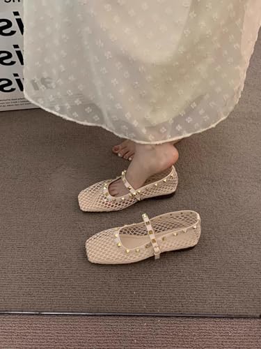 Fishnet Mary Jane Ballet Flats for Women Square Toe Studs Hollow Out Breathable Mesh Soft Sole Shoes Elegant Office Date2