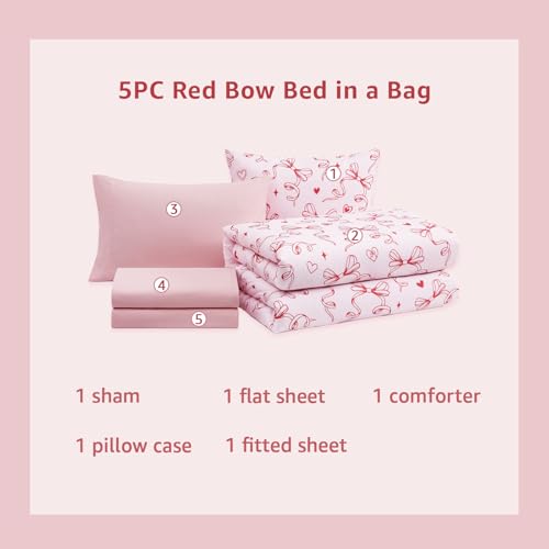 Image of Twin XL Comforter Set for Girls Red Bow Heart 5 Pieces Bed in a Bag