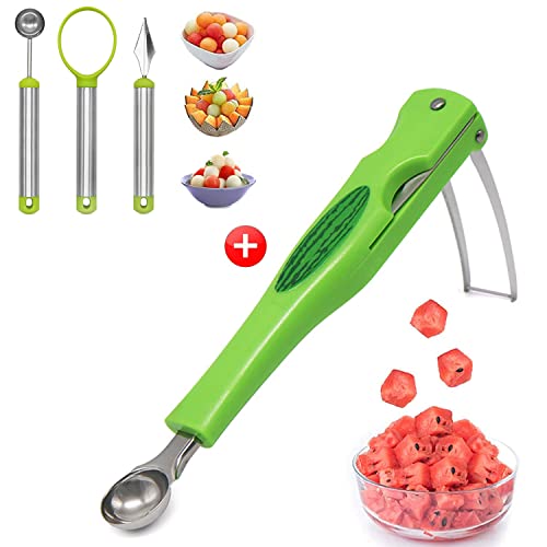 JAYVAR Watermelon Slicer Cutter Knife with Melon Baller Scoop Set,Fruit Scooper Seed Remover Watermelon Knife for Ice Cream Melon,Dig Pulp Separator Fruit Slice
