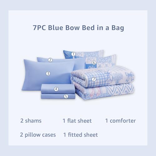 Image of Queen Comforter Set for Girls Blue Bow Floral 7 Pieces Bed in a Bag