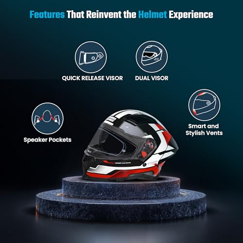Image of STUDDS Helios D1 Asphalt ( WCV) Certified Full Face Helmet with Antifog 100 Lens, Size : 580mm (L) Color : Black N2-RED