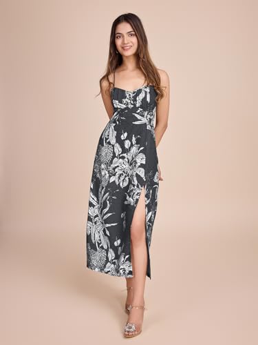 Image of Women Pure Cotton Printed A-Line Dress | Floral Summer Midi Dress | Casual Office Wear Lightweight Dress for Women (D207)